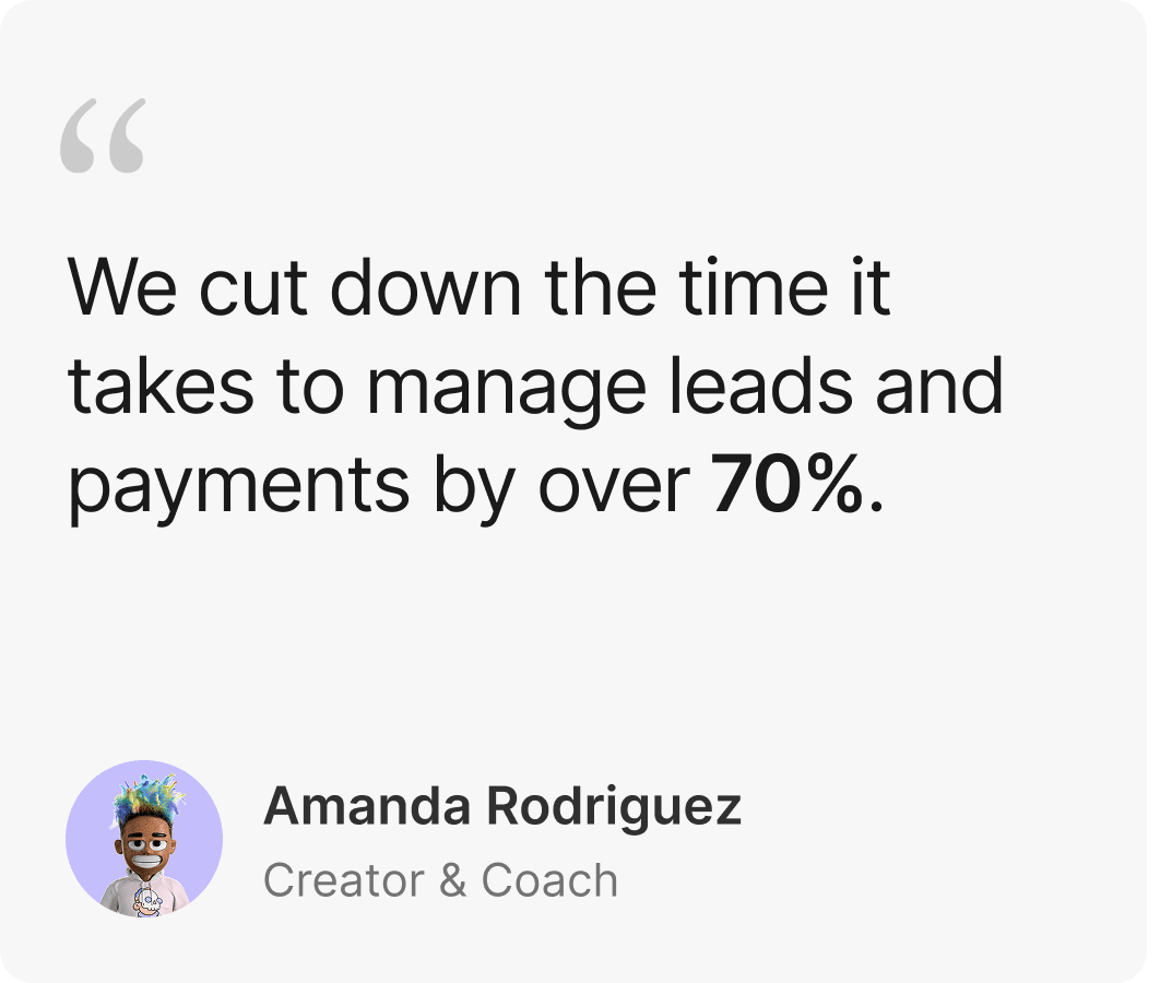 Testimonial from Amanda Rodriguez, Creator & Coach: We cut down the time it takes to manage leads and payments by over 70%.